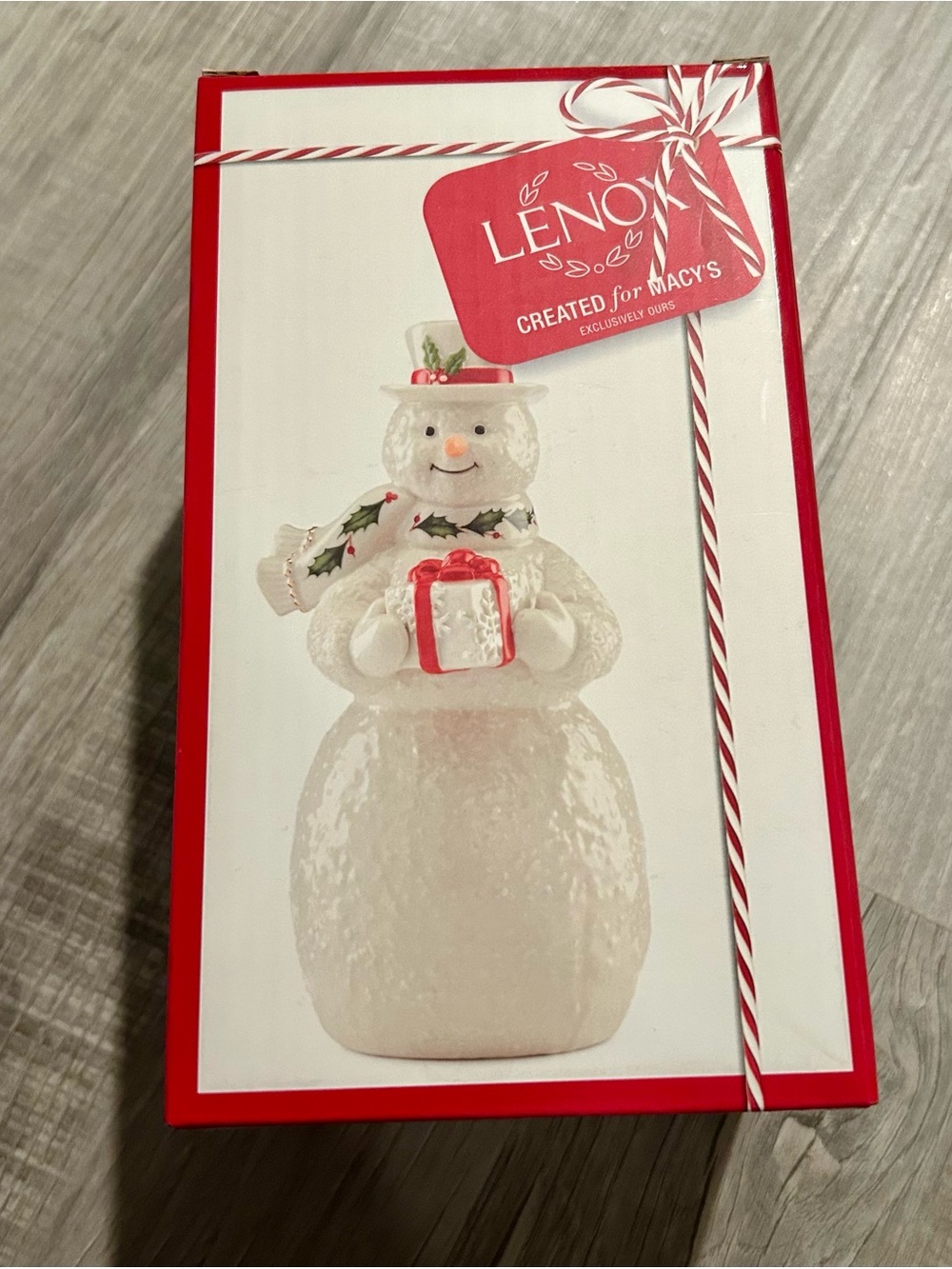 Lenox White Snowman Figurine with Red Gift and Green Holly Scarf